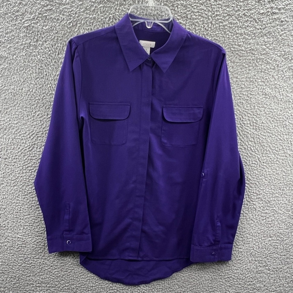 Chicos Womens Satin Blouse M Button Front Minimalist Career Office Polished